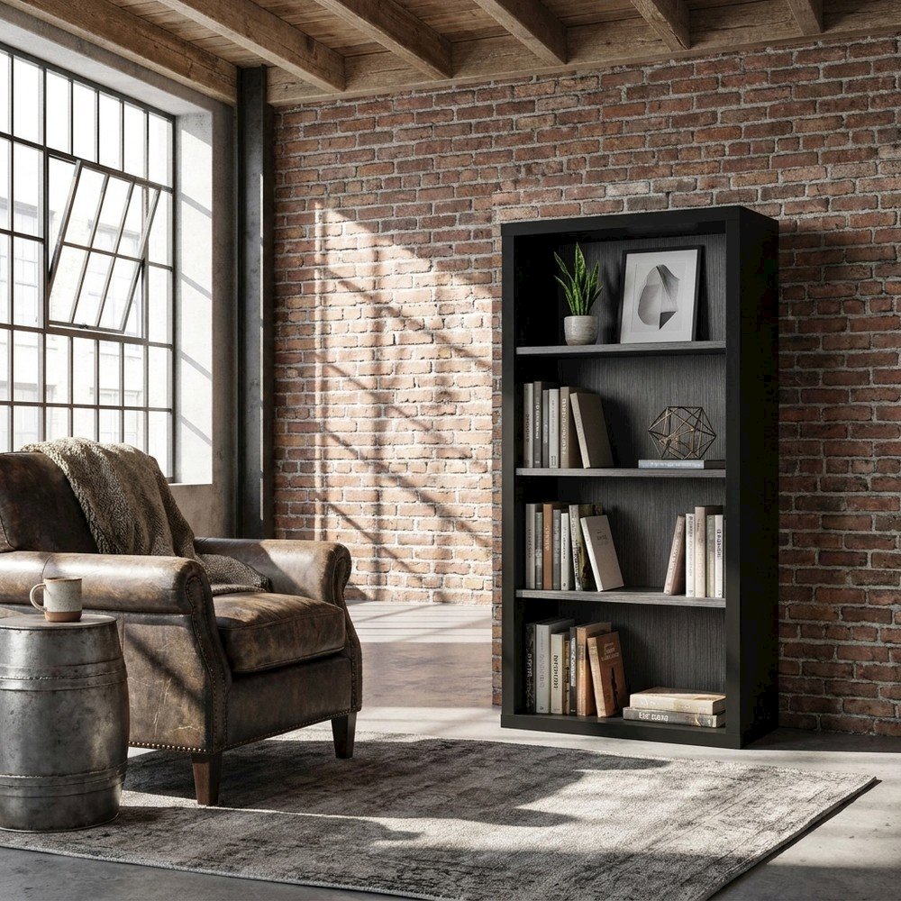 5-Shelf Etagere Bookcase, Tall Freestanding Display Bookshelf, Black,Grey
