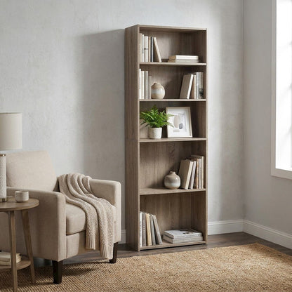 Bookcase with 5 Shelves, Tall Narrow Floor Standing Bookshelf, Dark Taupe