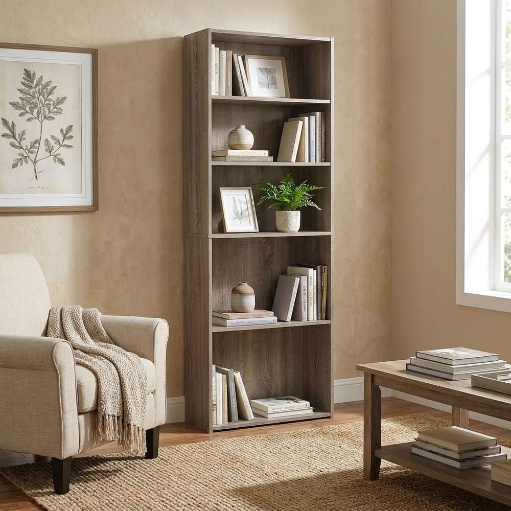 Bookcase with 5 Shelves, Tall Narrow Floor Standing Bookshelf, Dark Taupe
