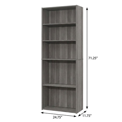 Laminate Bookcase with 5 Shelves, Tall Narrow Floor Standing Bookshelf, Grey