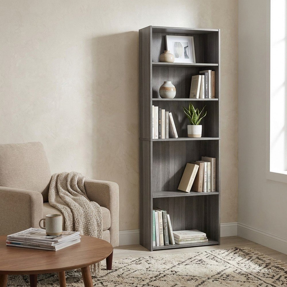 Laminate Bookcase with 5 Shelves, Tall Narrow Floor Standing Bookshelf, Grey