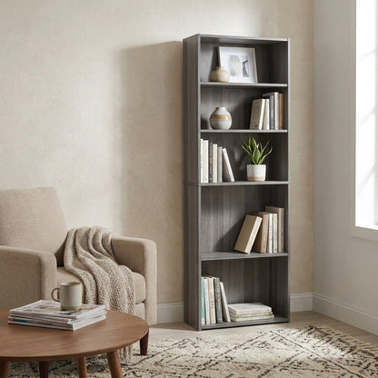 Laminate Bookcase with 5 Shelves, Tall Narrow Floor Standing Bookshelf, Grey