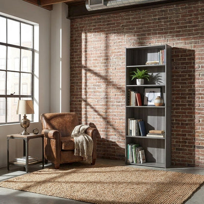 Laminate Bookcase with 5 Shelves, Tall Narrow Floor Standing Bookshelf, Grey