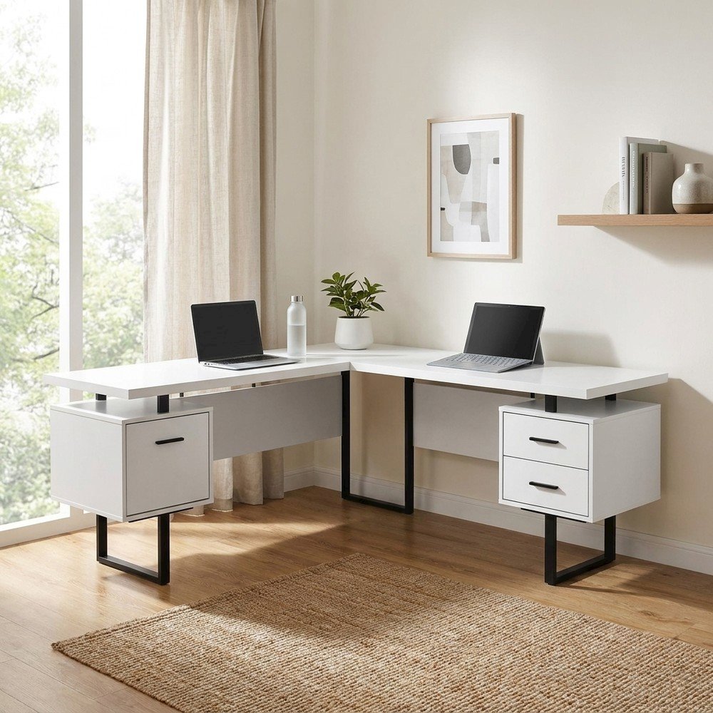 Laminate L-Shaped Corner Desk with Storage Drawers, Reversible, White