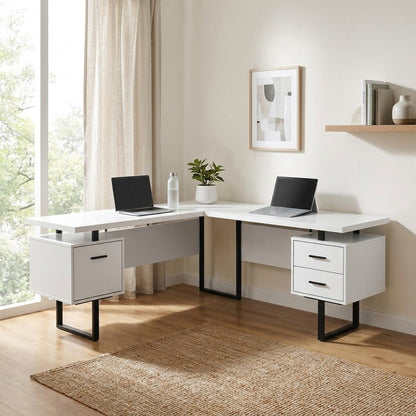 Laminate L-Shaped Corner Desk with Storage Drawers, Reversible, White