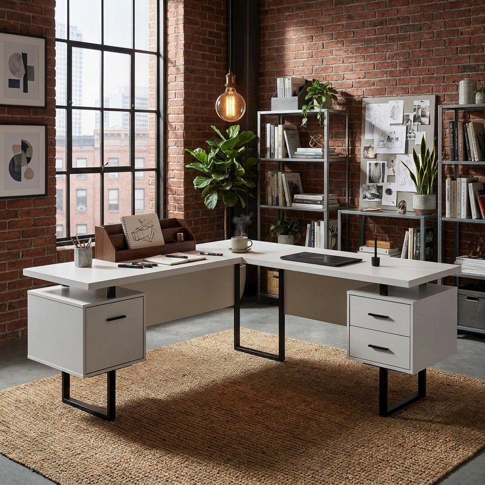 Laminate L-Shaped Corner Desk with Storage Drawers, Reversible, White