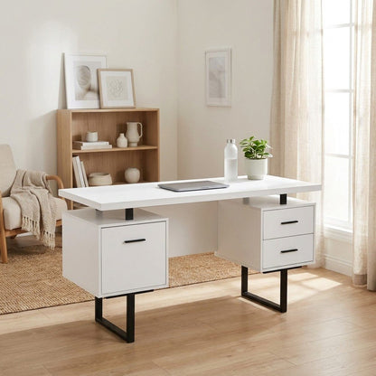 Laminate Computer Desk with Metal Legs, Modern Home Office Writing Desk, White