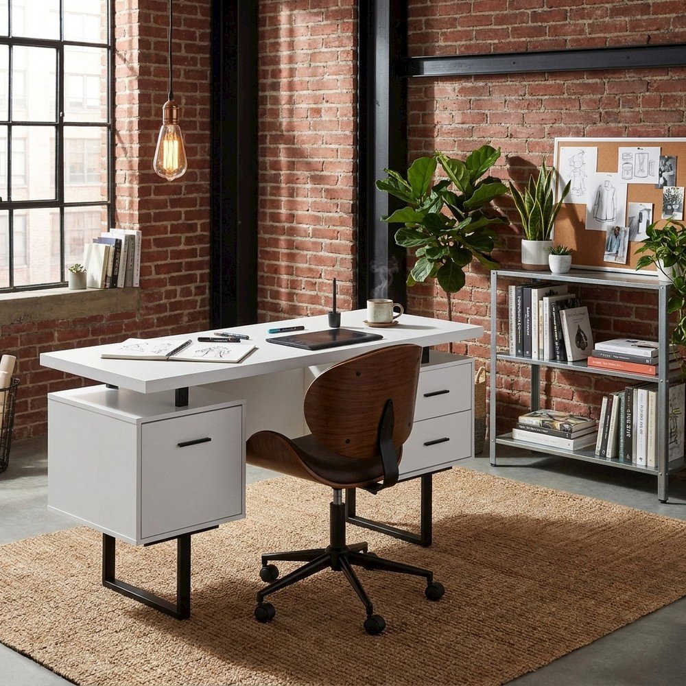 Laminate Computer Desk with Metal Legs, Modern Home Office Writing Desk, White