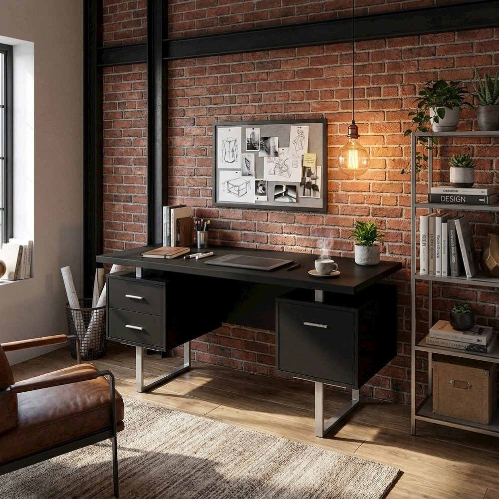 Laminate Computer Desk with Metal Legs, Modern Home Office Writing Desk, Black