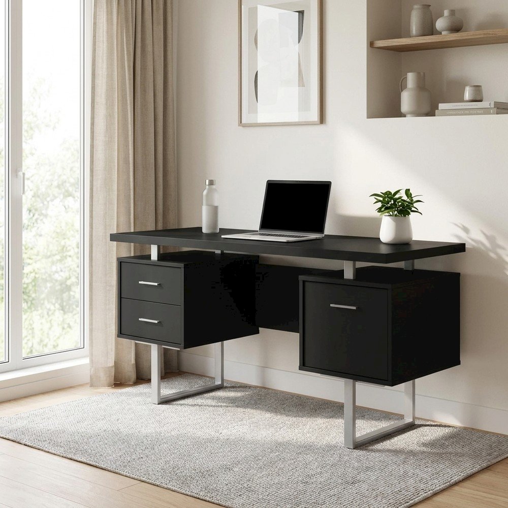 Laminate Computer Desk with Metal Legs, Modern Home Office Writing Desk, Black