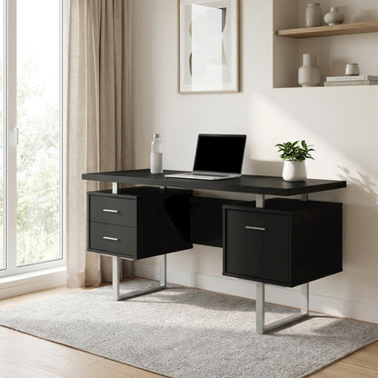 Laminate Computer Desk with Metal Legs, Modern Home Office Writing Desk, Black