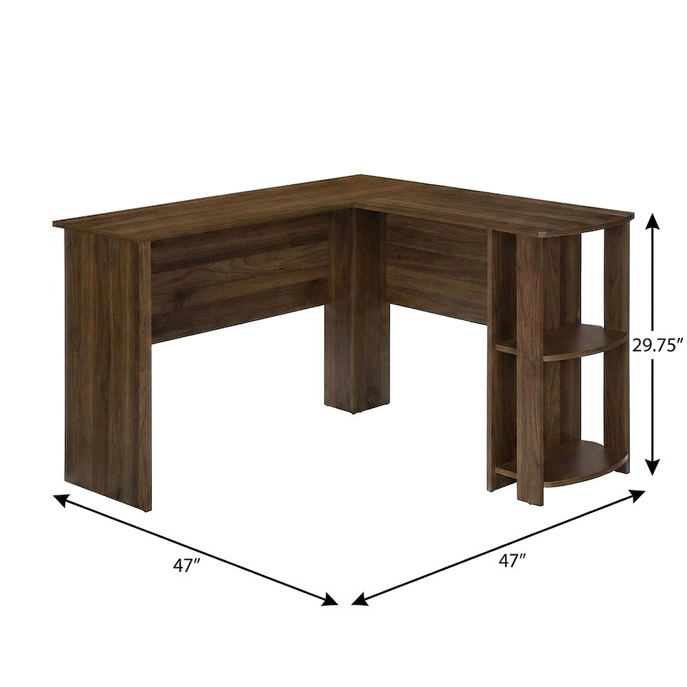 Laminate L-Shaped Corner Computer Desk and Open Storage Shelves, Modern, Walnut
