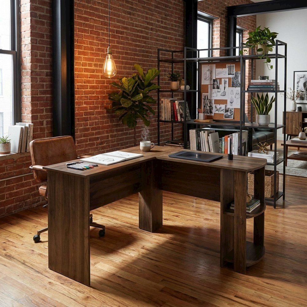 Laminate L-Shaped Corner Computer Desk and Open Storage Shelves, Modern, Walnut