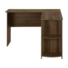Laminate L-Shaped Corner Computer Desk and Open Storage Shelves, Modern, Walnut
