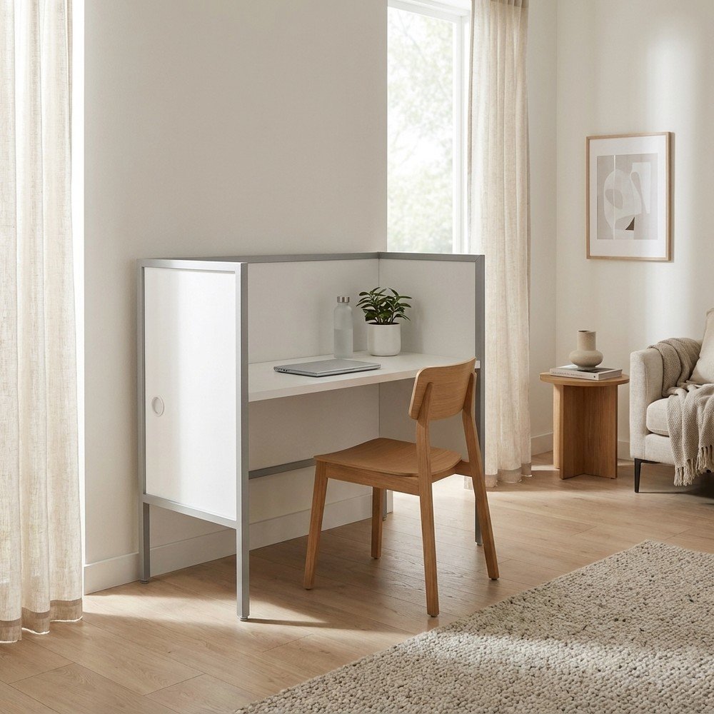 Office Cubicle Desk with Metal Frame, Contemporary Workstation, White,Silver