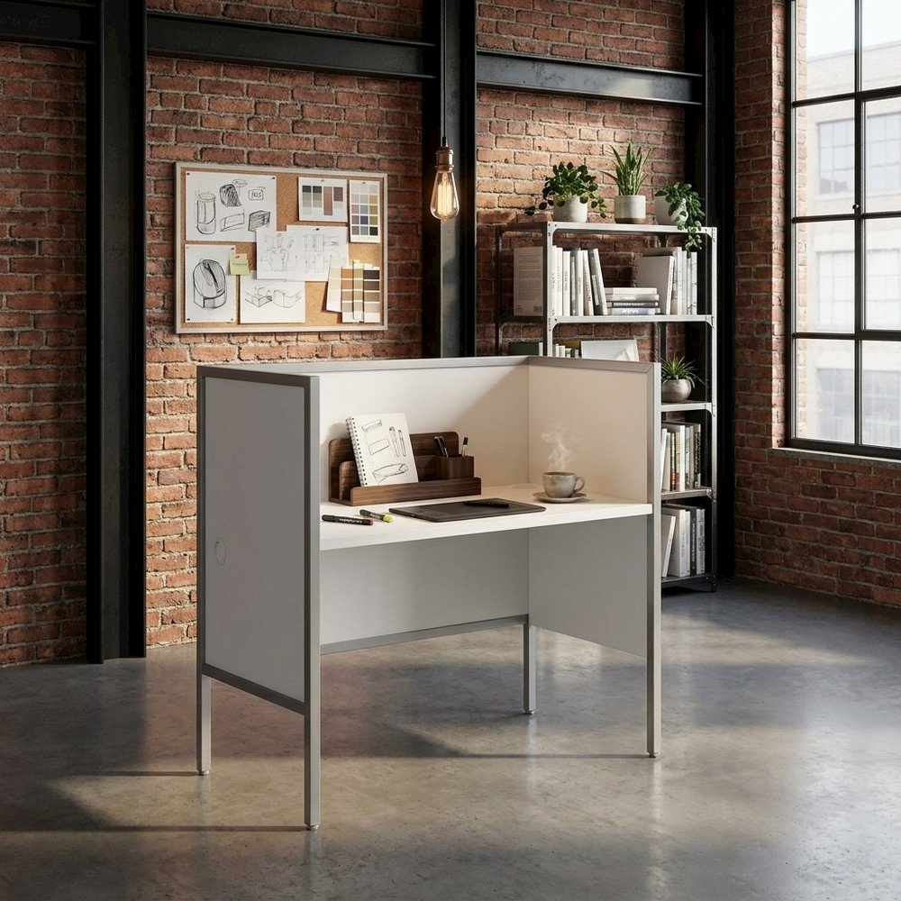 Office Cubicle Desk with Metal Frame, Contemporary Workstation, White,Silver
