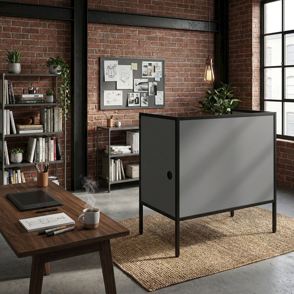Office Cubicle Desk with Metal Frame, Contemporary Workstation, Grey,Black