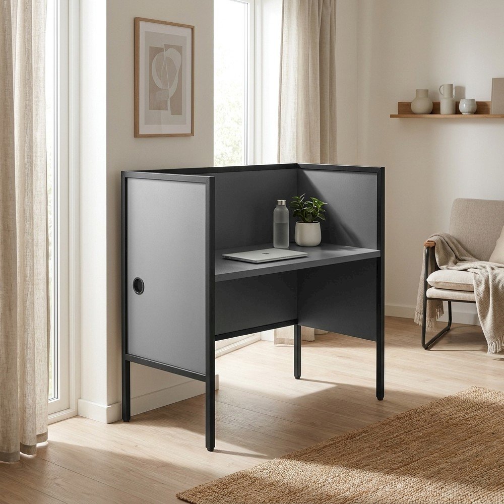 Office Cubicle Desk with Metal Frame, Contemporary Workstation, Grey,Black