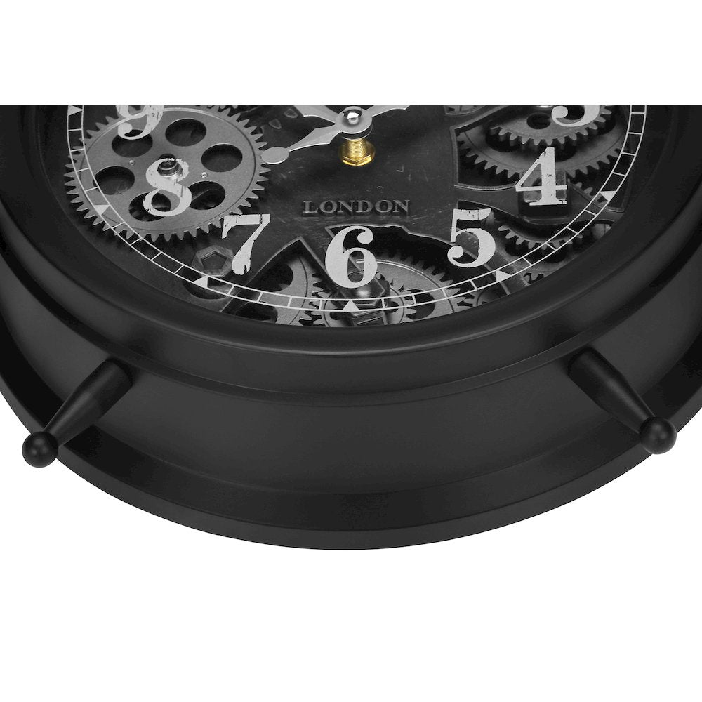 Clocks, 12"" Round, Gear Mechanism, Table Clock, Black, Transitional