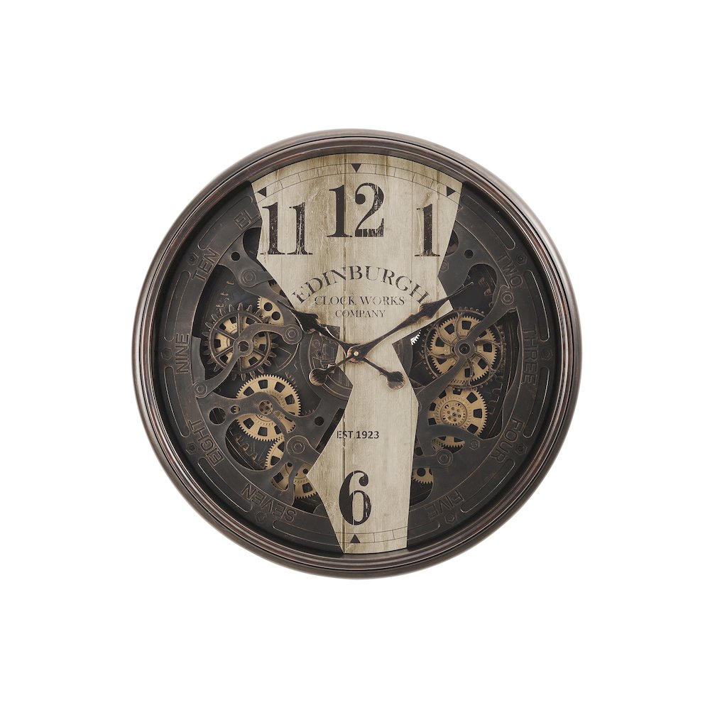 Clocks, 30"" Round, Wall Clock, Gear Mechanism, Brown, Transitional