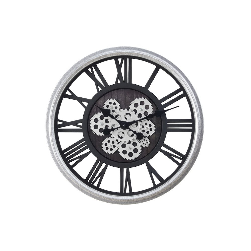 Clocks, 20"" Round, Gear Mechanism, Wall Clock, Black, Silver, Transitional