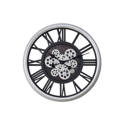 Clocks, 20"" Round, Gear Mechanism, Wall Clock, Black, Silver, Transitional