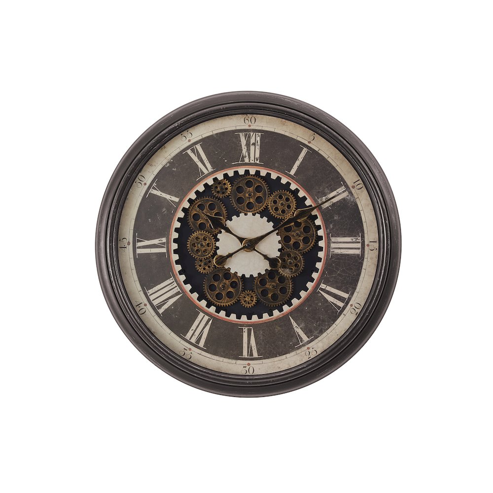 Clocks, 23"" Round, Gear Mechanism, Wall Clock, Brown, Transitional