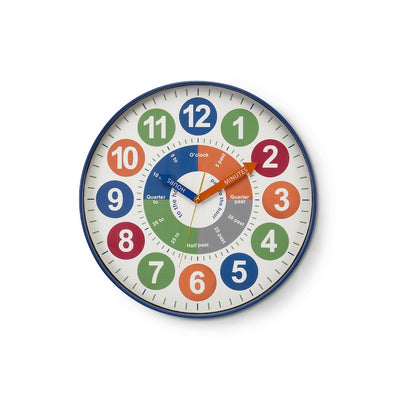 Clocks, 18"" Round, Juvenile, Wall Clock, Multi-colored Face, Blue Frame
