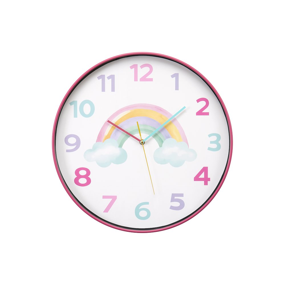 Clocks, 18"" Round, Juvenile, Wall Clock, Multi-colored Face, Pink Frame