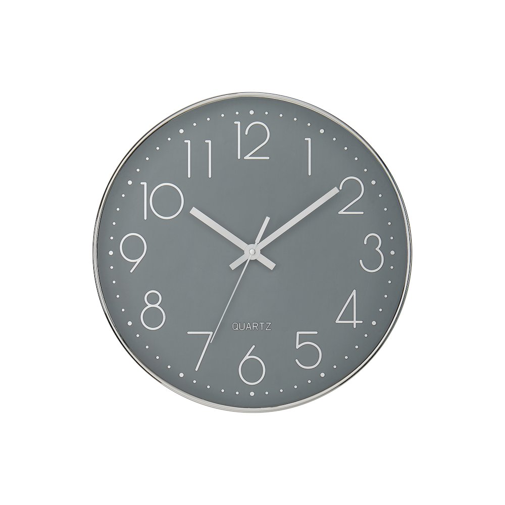 Clocks, 12"" Round, Wall Clock, Grey Face, Silver Frame, Contemporary, Modern