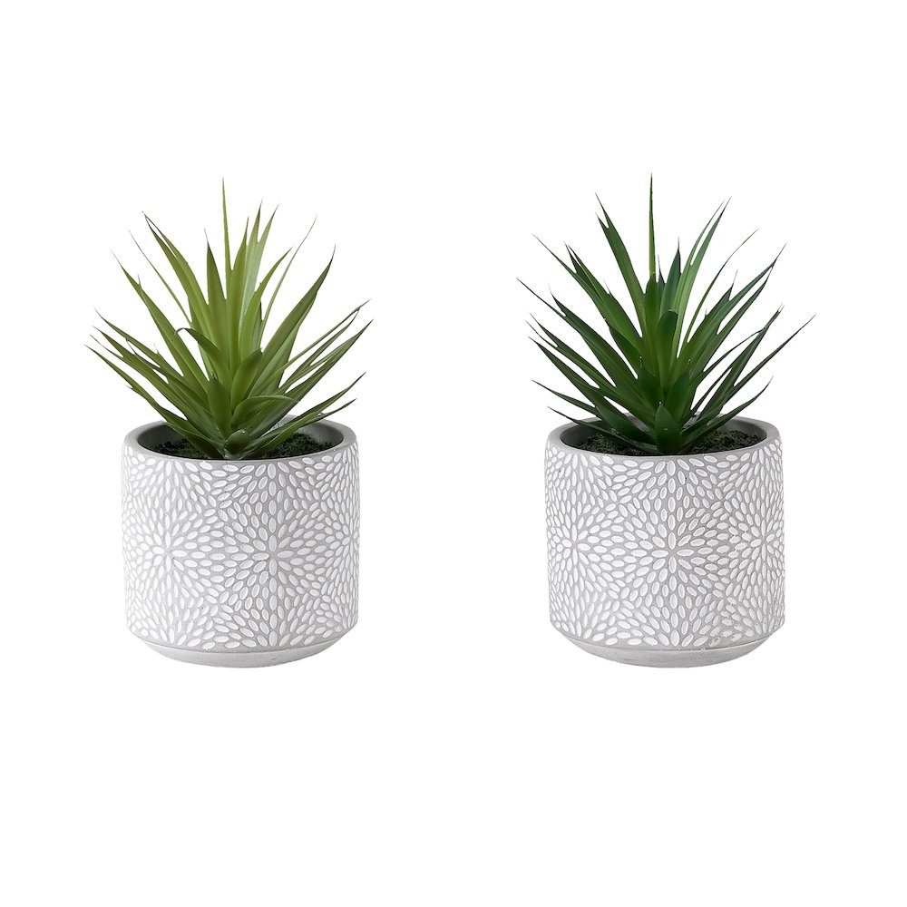 Artificial Plant, Set Of 2, 9"" Tall, Succulent, White Cement Pots