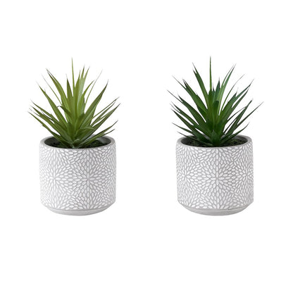 Artificial Plant, Set Of 2, 9"" Tall, Succulent, White Cement Pots