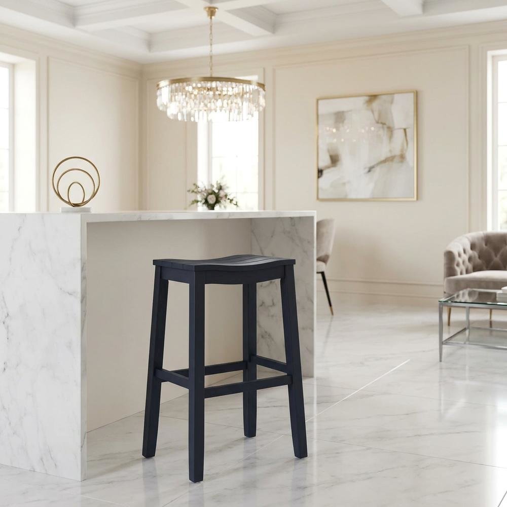 Wooden Backless Bar Height Stool with Footrest for Kitchen Island, Navy