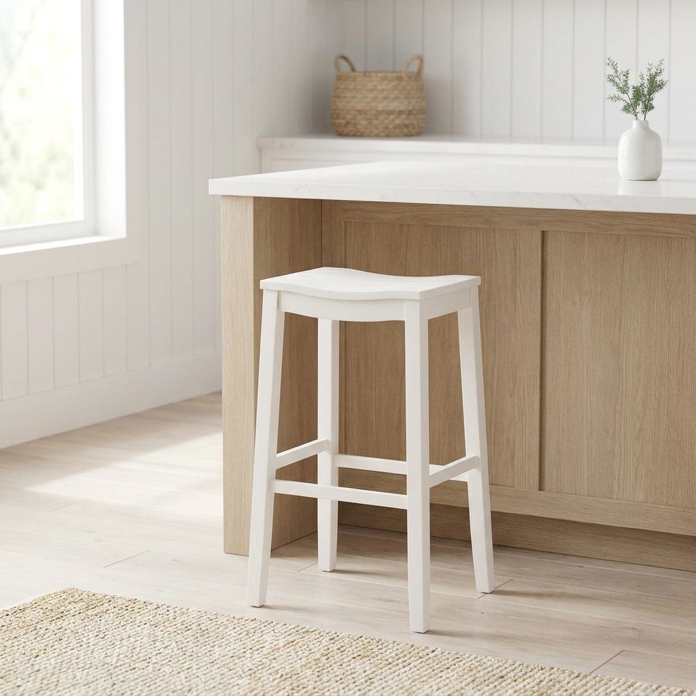Wooden Backless Bar Stool with Footrest, Wood Bar Stools, White