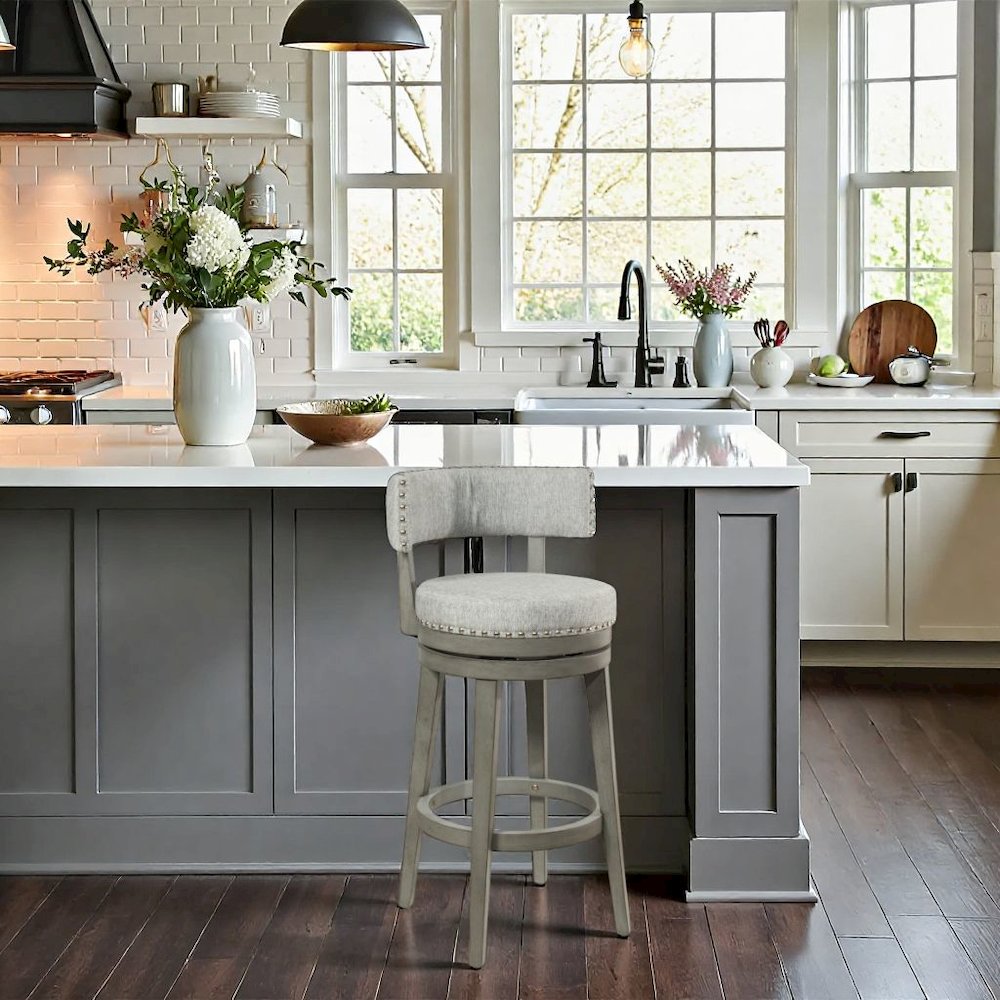 Gray Swivel Bar Stool with Upholstered Seat and Sturdy Wood Bar Stool Base