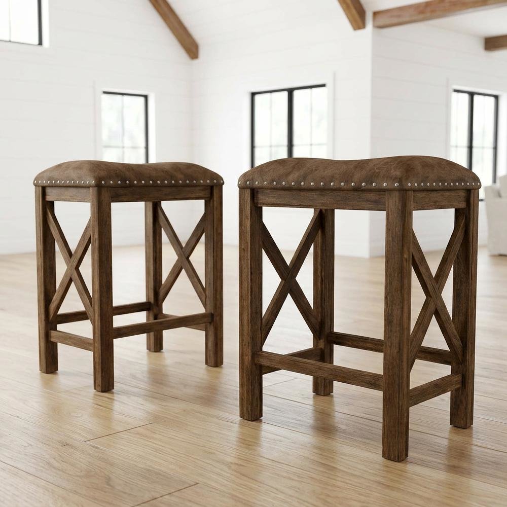 Acacia Wood Backless Counter Height Stool for Kitchen Island Counter, Set of 2