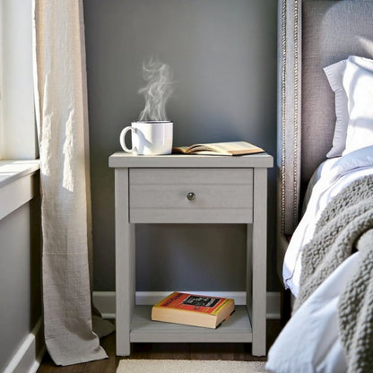 Grey Nightstand Wooden Side Table with Drawer and Open Storage Shelf