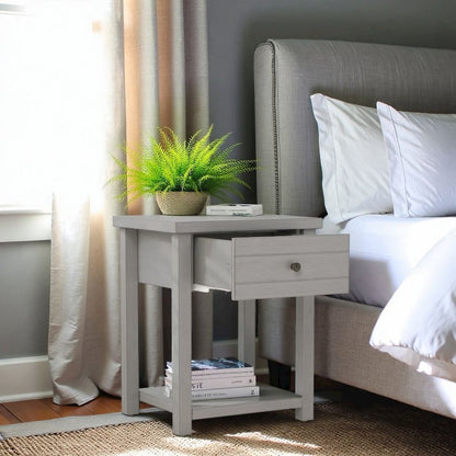 Grey Nightstand Wooden Side Table with Drawer and Open Storage Shelf