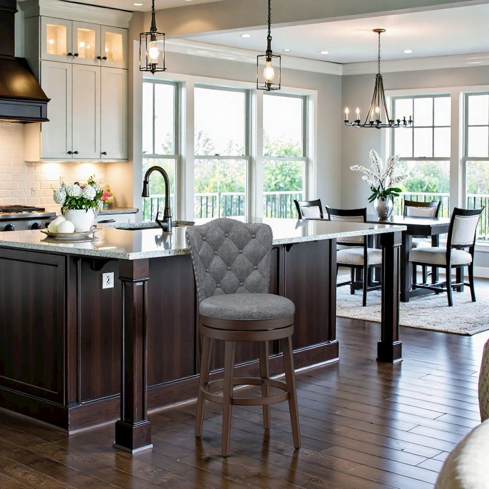 Dark brown Wood Swivel Bar Stool with Round Seat and Arch Back Design