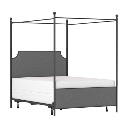 Queen Size Canopy Frame in Black Metal with Upholstered Headboard