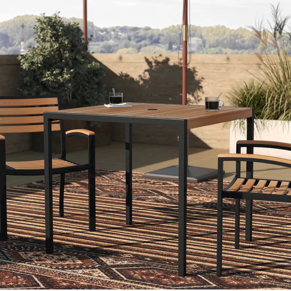 Outdoor Dining Table with Synthetic Teak Poly Slats - 35" Square Steel Framed Restaurant Table with Umbrella Holder Hole