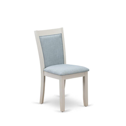 X027MZ015-6 6-Piece Table Set Includes a Dining Table - 4 Baby Blue Parson Chairs and a Bench - Wire Brushed Linen White Finish