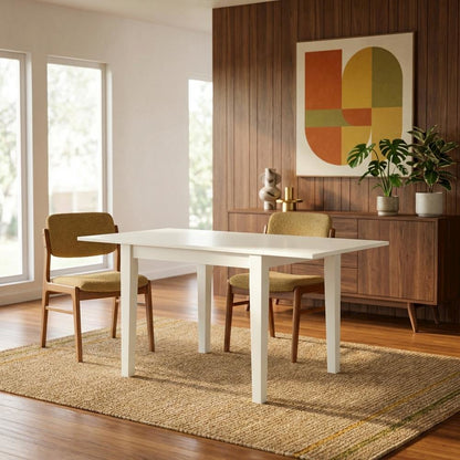 Linen White Drop Leaf Rectangular Table, Mid-Century Modern