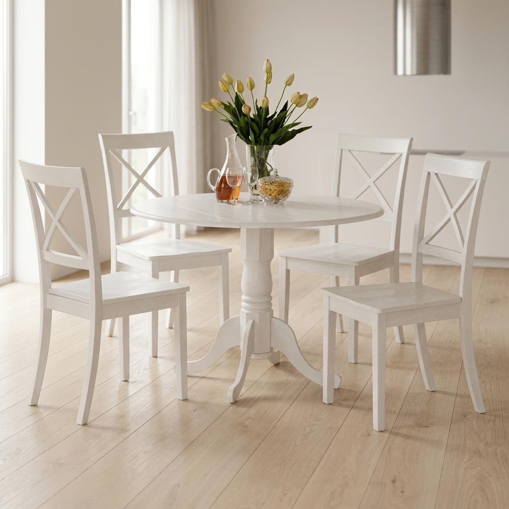 Solid Wood Round Kitchen Table 5-Piece, Drop Leaf, 4 Chairs, Linen White