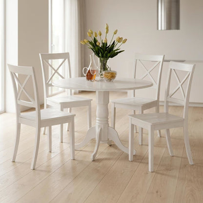 Solid Wood Round Kitchen Table 5-Piece, Drop Leaf, 4 Chairs, Linen White