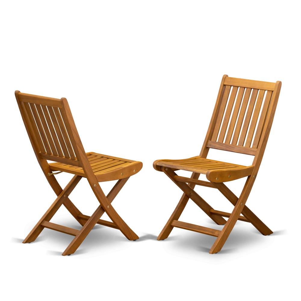 East West Furniture DIDK7CWNA 7-Piece Outdoor Table Set- 6 Outdoor Folding Chairs Slatted Back and Patio Table and Round Top with Wood 4 legs - Natural Oil Finish