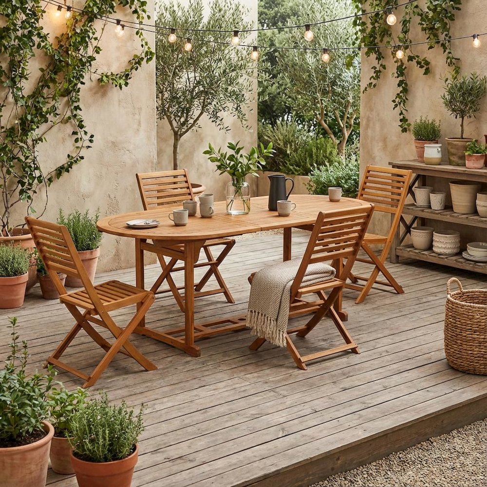 Wooden Patio Set Oil Finish Dining Table with 4 Matching Outdoor Side Chairs