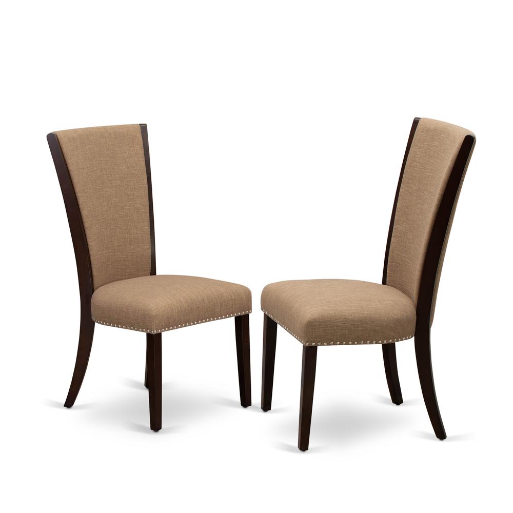 East-West Furniture MLVE3-MAH-47 - A kitchen dining table set of two fantastic kitchen chairs using Linen Fabric Light Sable color and an attractive 12 butterfly leaf rectangle kitchen table in Mahog"