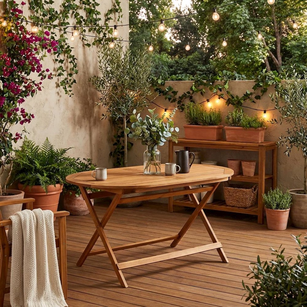 7-Piece Warm-Tone Oil Patio Dining Set with Weatherproof Wood and 6 Chairs
