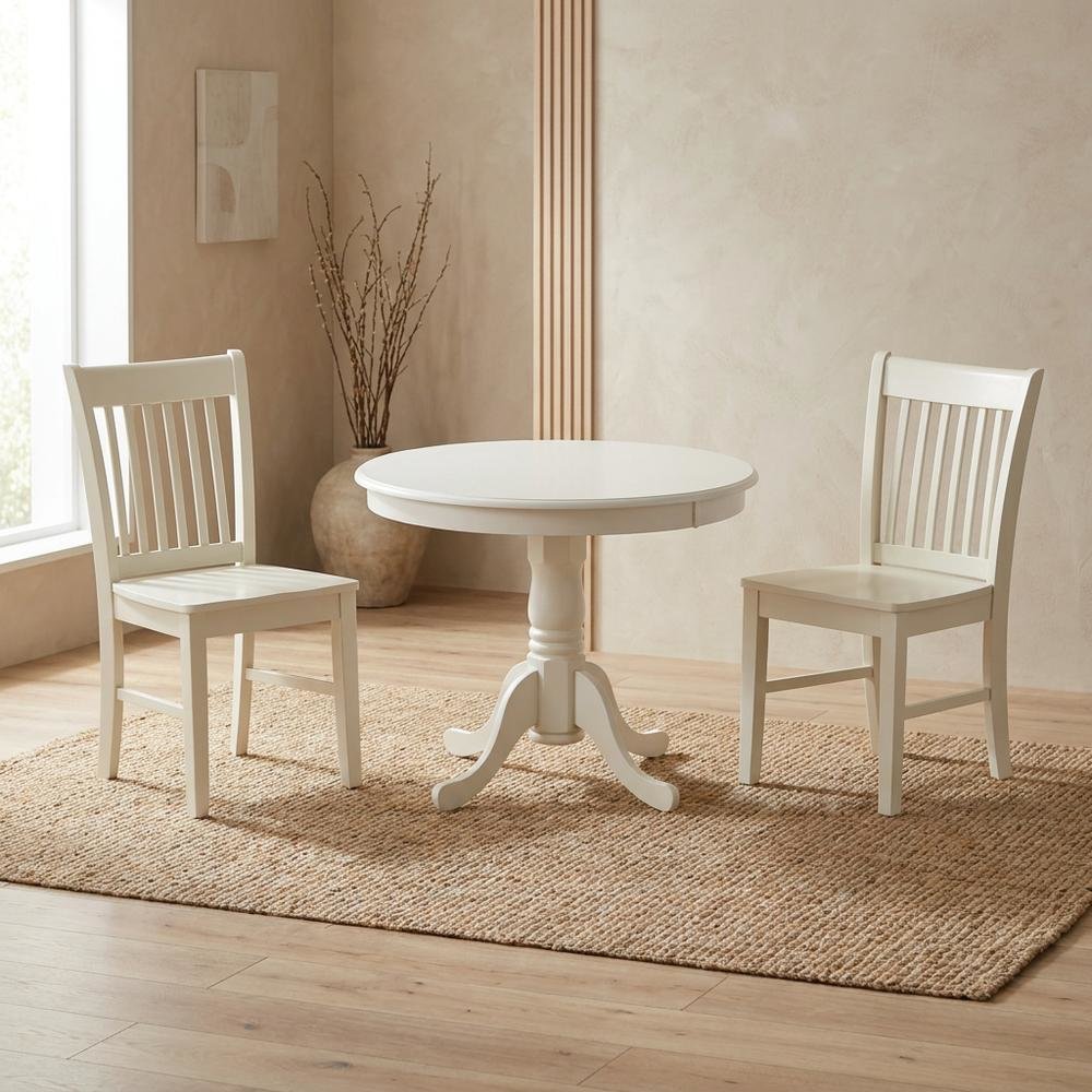 Round Kitchen Table & Chairs, Wood 3-Piece Set, Small Space, Linen White